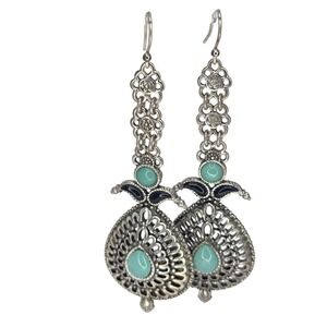 Lucky Brand Statement Dangle Earrings Silver Tone Faux Turquoise Boho Festival